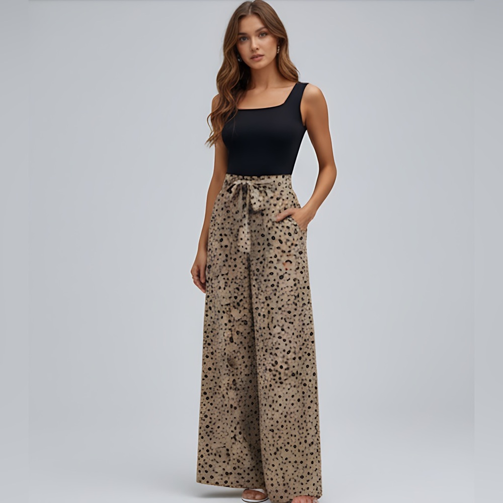 Dot  Print Wide Leg Belted Jumpsuit